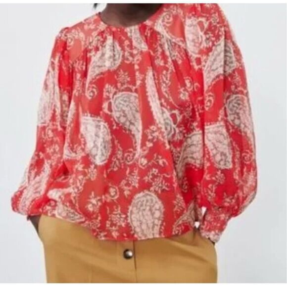 ZARA red paisley peasant babydoll boho festival shirt top Sz S - Picture 1 of 9